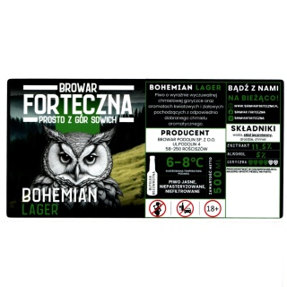 Archiwalna etykieta piwna „Bohemian Lager” – Browar Forteczna (200 × 100 mm)
