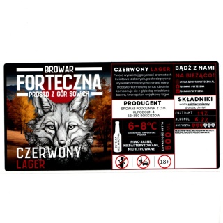 Archiwalna etykieta piwna „Czerwony Lager” – Browar Forteczna (200 × 100 mm)