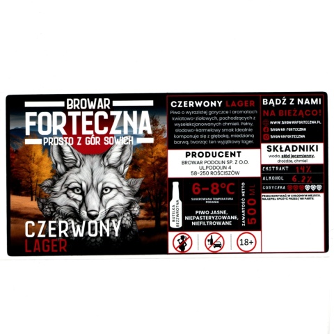 Archiwalna etykieta piwna „Czerwony Lager” – Browar Forteczna (200 × 100 mm)
