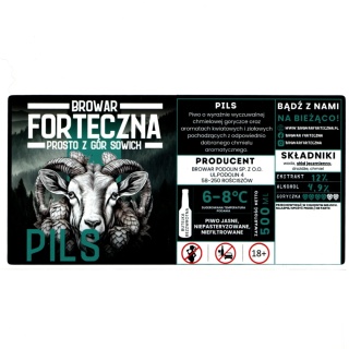 Archiwalna etykieta piwna „Pils” – Browar Forteczna (200 × 100 mm)