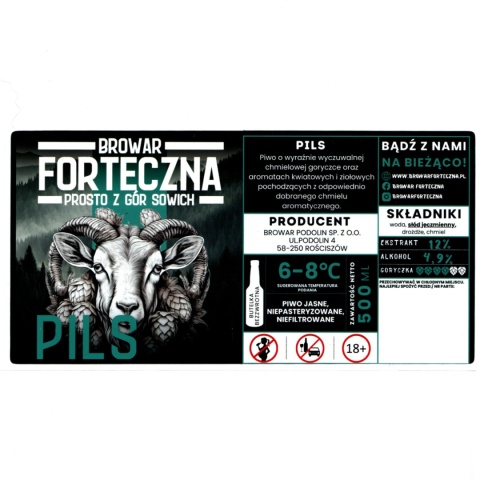 Archiwalna etykieta piwna „Pils” – Browar Forteczna (200 × 100 mm)