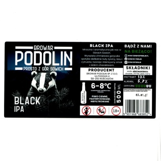 Etykieta piwna „Black IPA” – Browar Podolin (200 × 100 mm)