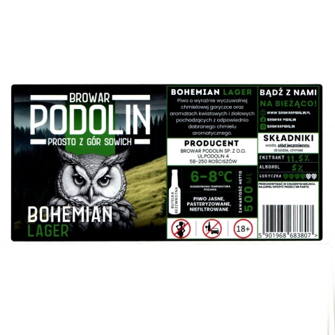 Etykieta piwna „Bohemian Lager” – Browar Podolin (200 × 100 mm)