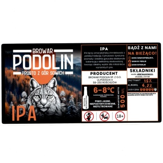 Etykieta piwna „IPA” – Browar Podolin (200 × 100 mm)
