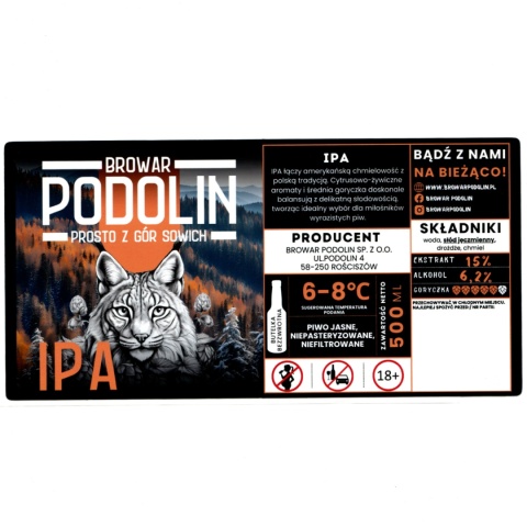 Etykieta piwna „IPA” – Browar Podolin (200 × 100 mm)