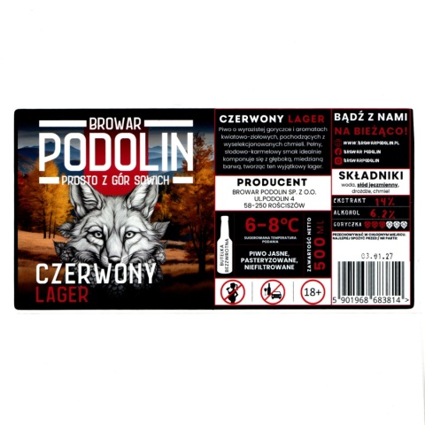 Etykieta piwna „Czerwony Lager” – Browar Podolin (200 × 100 mm)