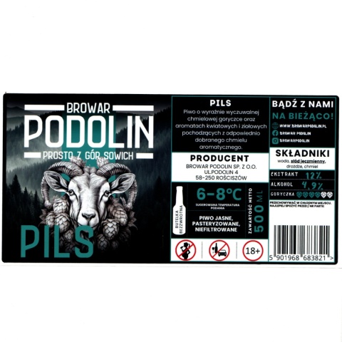Etykieta piwna „Pils” – Browar Podolin (200 × 100 mm)