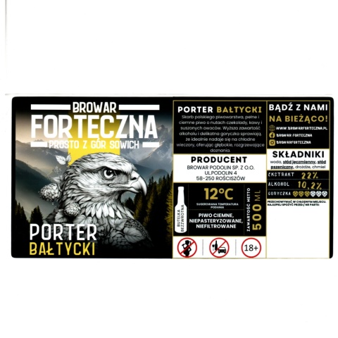 Archiwalna etykieta piwna „Porter Bałtycki” – Browar Forteczna (200 × 100 mm)